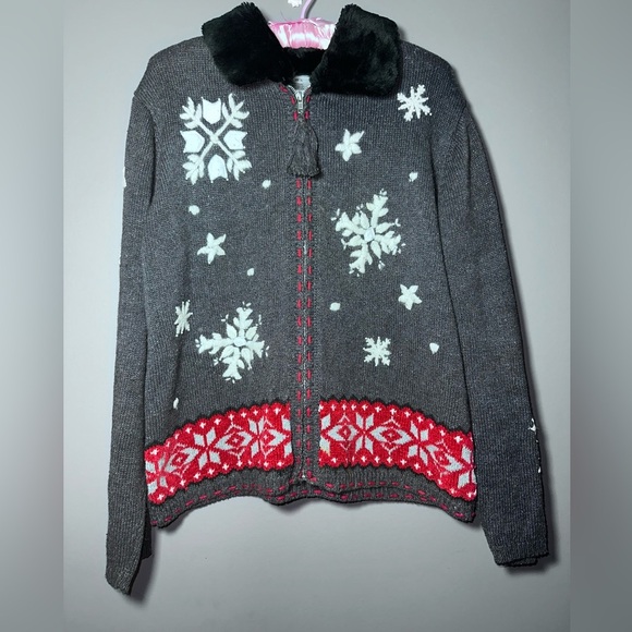 Ugly Christmas Sweater Fashion Bug Snowflake Knit Zip Faux Fur Collar XL - Picture 4 of 11